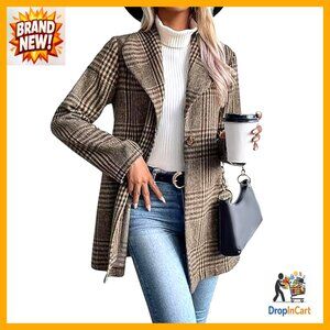 Vintage Plaid Wool Blend Blazer Coat Elegant Shawl Collar Trench Pea Coat